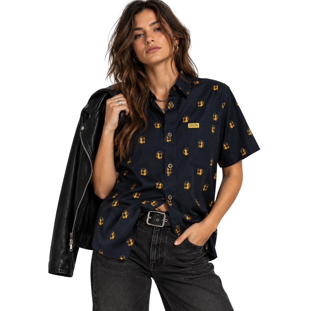 Dixxon Flannel Scuttered Beer Mug Print Short Sleeve Shirt Women XL Pub Tap